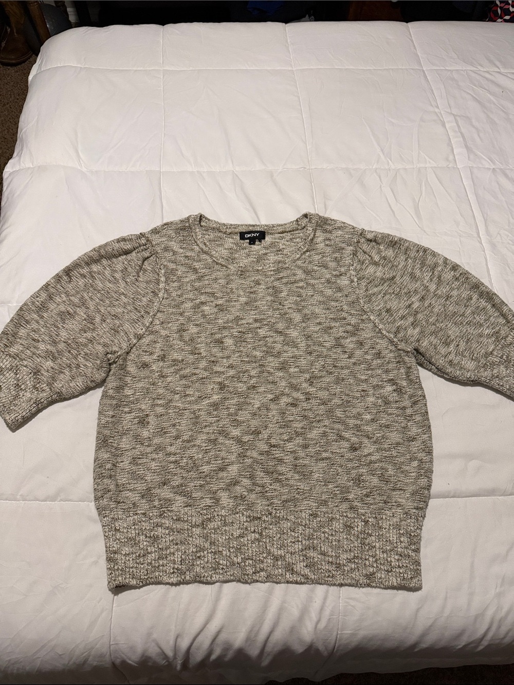 DKNY Women's Marled Cream Crewneck Sweater with full short sleeves.